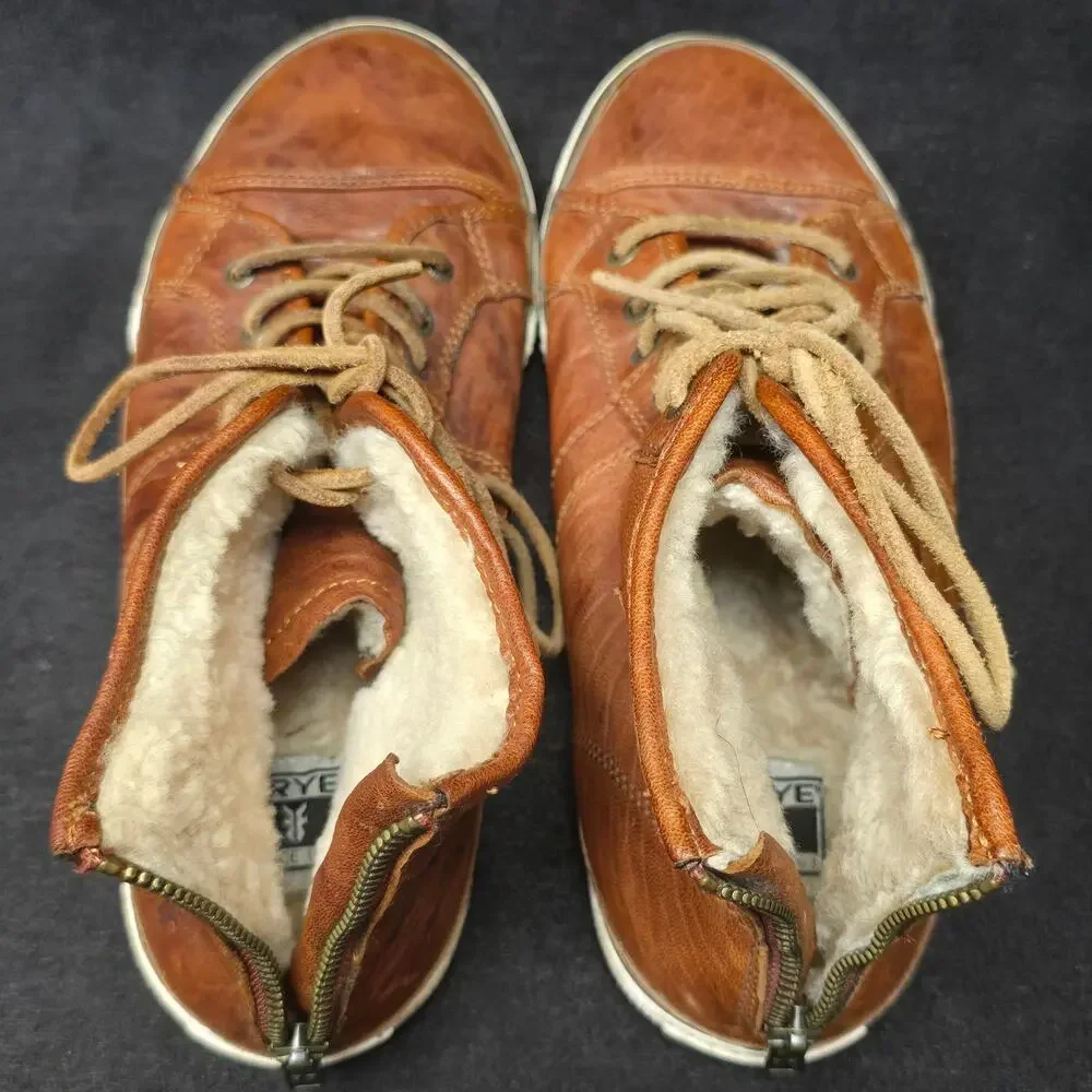 Frye Sheepskin Brown Leather High Top Zip Back Ankle Booties Sneakers Shoes